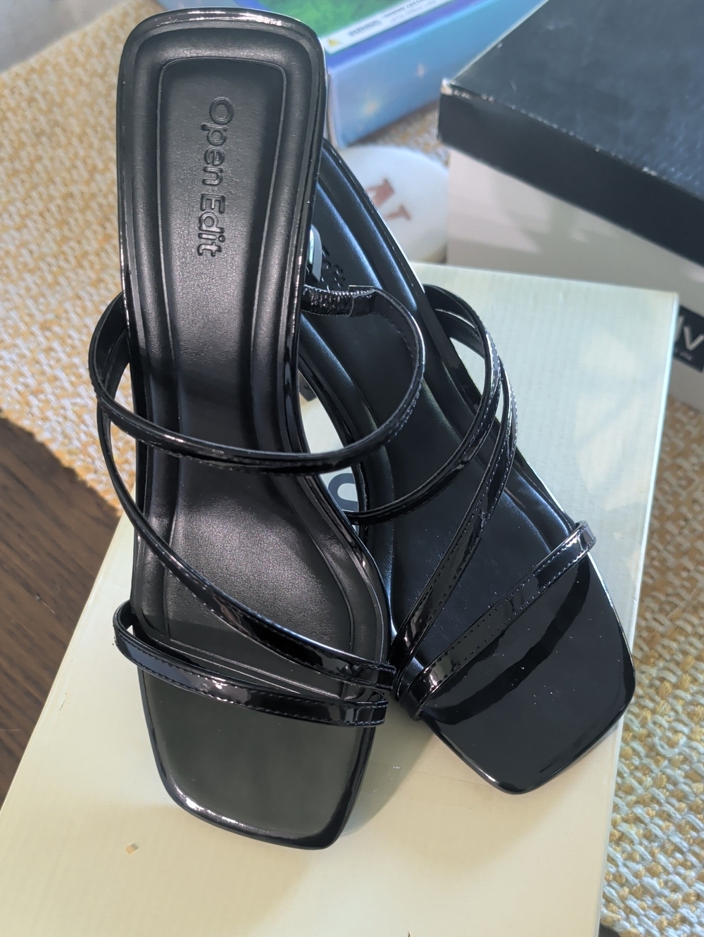 Brand New Open Edit Black Strappy Square-Toe Heeled Sandals - Women's